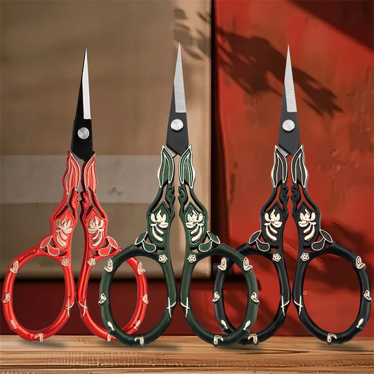 Vintage Forbicine da ricamo embroidery scissors by The LaceMaker Diary with ornate metal handles on a white background.
