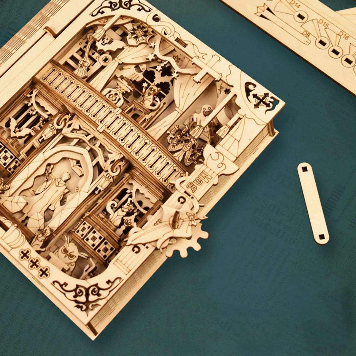 Wooden puzzle shaped like a magic book from The LaceMaker Diary, featuring intricate carved details and a mystical design.