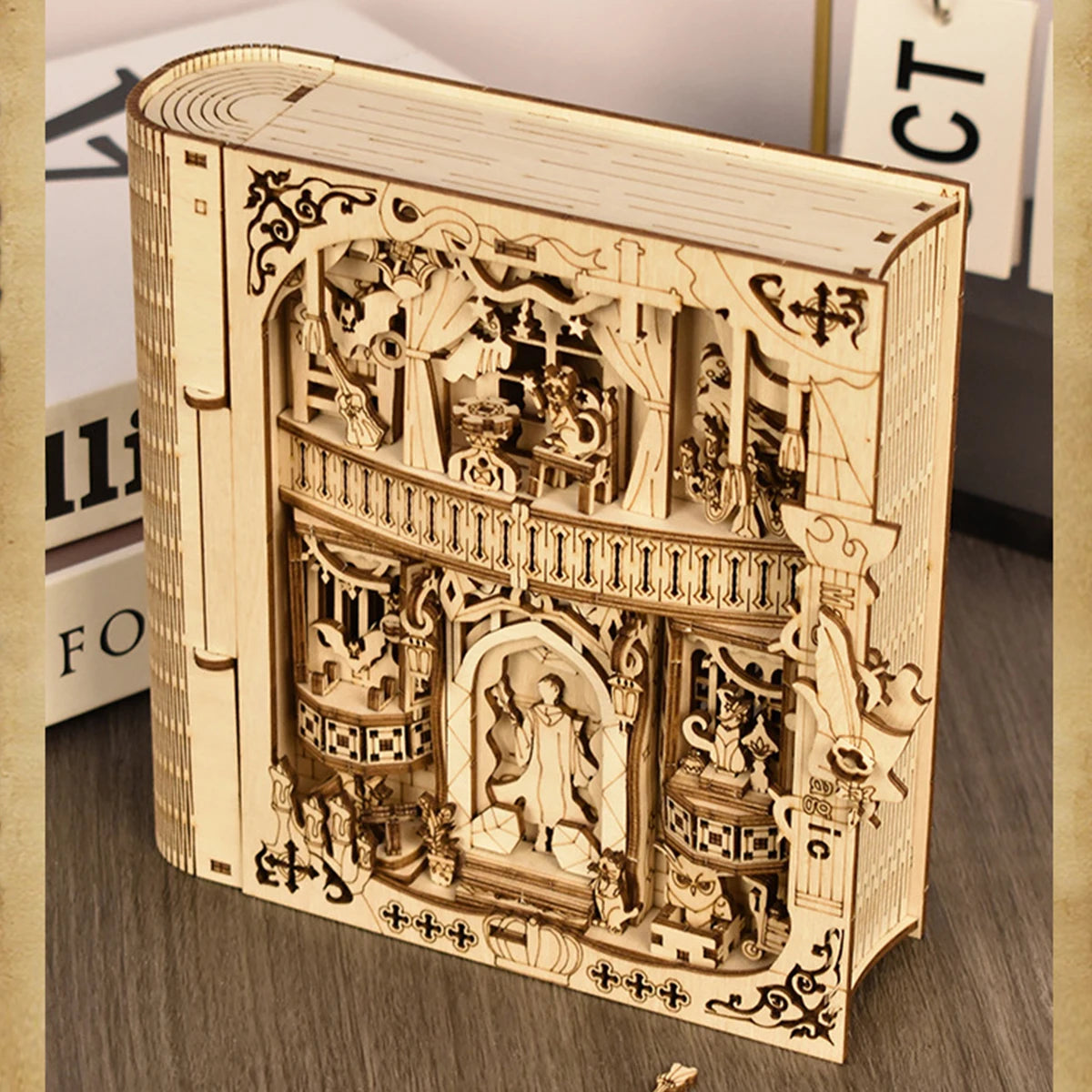 Wooden puzzle shaped like a magical book by The LaceMaker Diary, featuring intricate carved details and a mystical design.