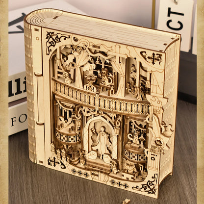 Wooden puzzle shaped like a magical book by The LaceMaker Diary, featuring intricate carved details and a mystical design.