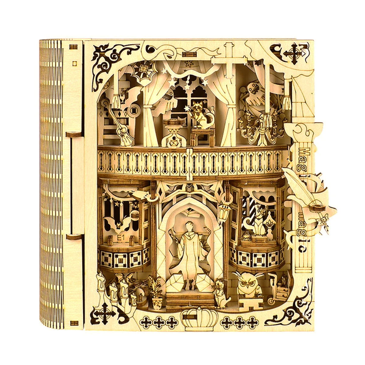 Wooden puzzle shaped like a magical book by The LaceMaker Diary, featuring intricate carved details and a mystical design.