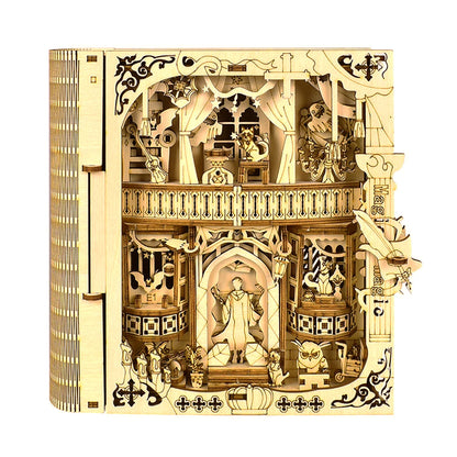 Wooden puzzle shaped like a magical book by The LaceMaker Diary, featuring intricate carved details and a mystical design.