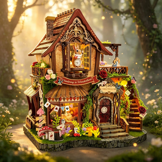 3D wooden puzzle of a fairy tale forest cottage by The LaceMaker Diary, showing assembled intricate wood pieces.