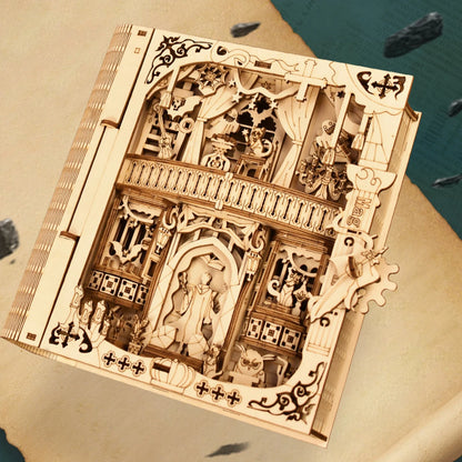 Wooden puzzle in the shape of a magical book from The LaceMaker Diary, featuring intricate carved details and a mystical design.