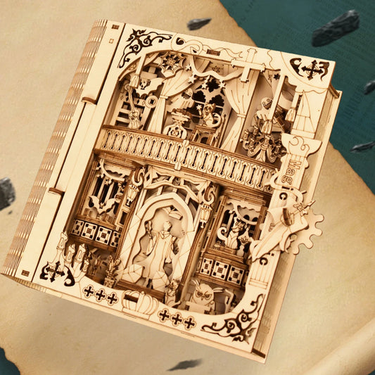 Wooden puzzle in the shape of a magical book from The LaceMaker Diary, featuring intricate carved details and a mystical design.