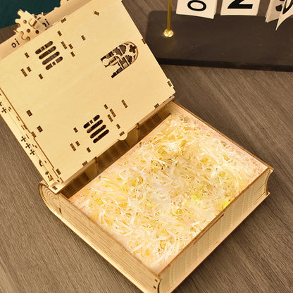 Wooden puzzle shaped like a magic book by The LaceMaker Diary, featuring intricate carved details and a whimsical design.